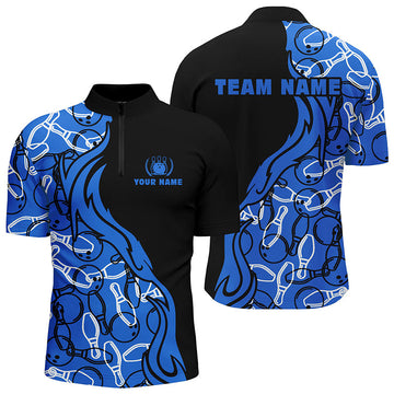 Men's Black & Blue Pattern Bowling Quarter Zip Shirt N5355