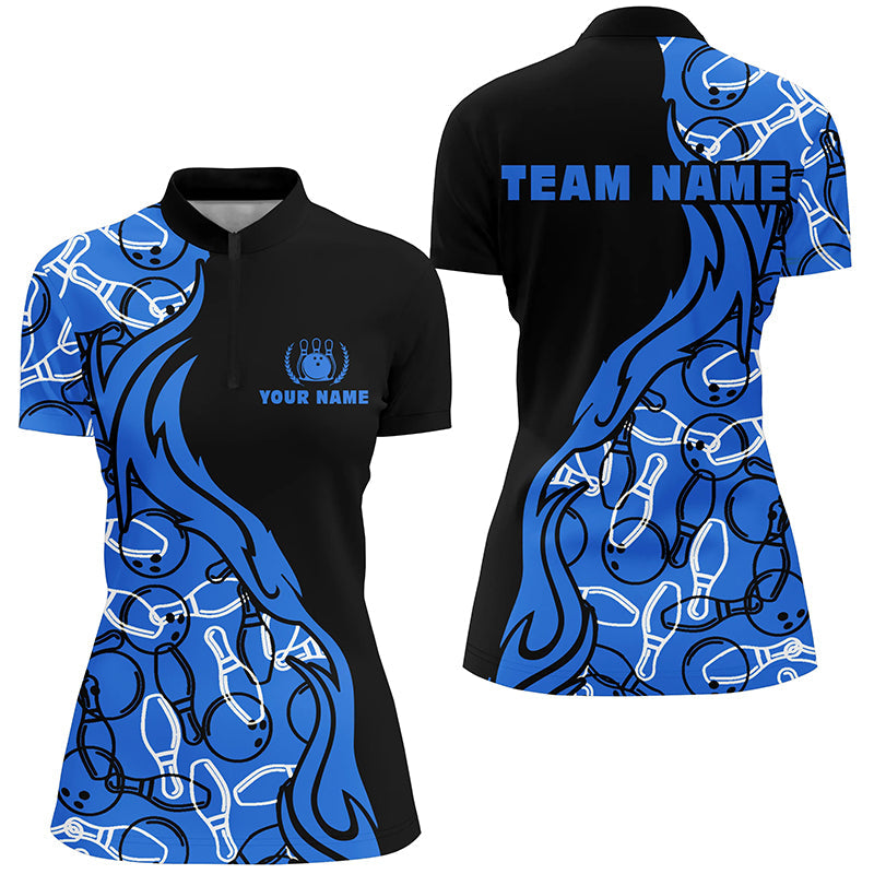 Women's Black and Blue Pattern Bowling Quarter Zip Shirt N5355