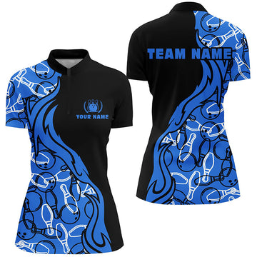 Women's Black and Blue Pattern Bowling Quarter Zip Shirt N5355