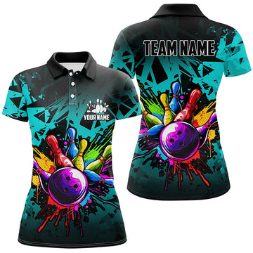 Women's Cyan Blue Bowling Polo 1/4 Zip Jersey N7707