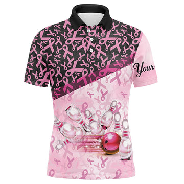 Men's Pink & Black Ribbon Bowling Shirt - Custom Breast Cancer Awareness N7949