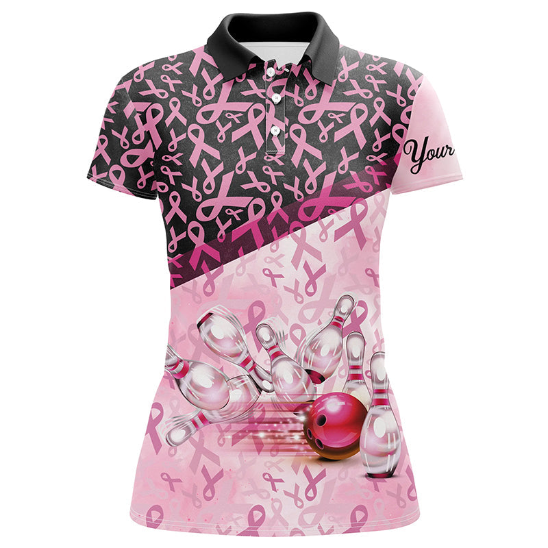 Women's Pink & Black Ribbon Bowling Shirt - Breast Cancer Awareness N7949