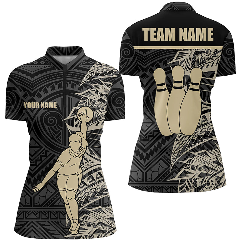 Women's Personalised Bowling Quarter-Zip Shirt - Golden Black Tribal Jersey N6031