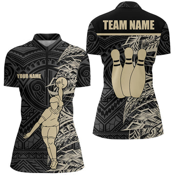 Women's Personalised Bowling Quarter-Zip Shirt - Golden Black Tribal Jersey N6031