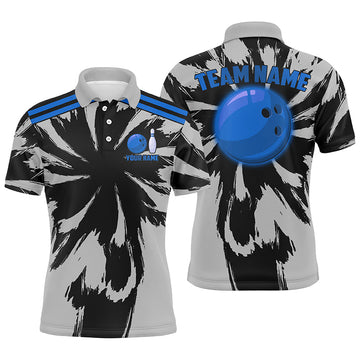 Men's Black & Grey Bowling Polo, Quarter Zip Shirt - Custom Blue Team Jersey N8144