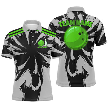 Men's Black & Grey Bowling Polo, Quarter Zip, Custom Green Team Jersey N8145