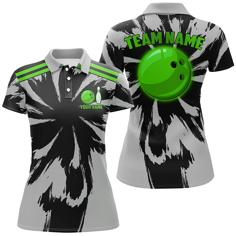 Women's Black & Grey Bowling Polo, Quarter Zip, Custom Green Team Jersey N8145
