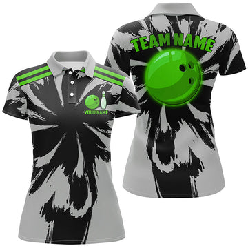 Women's Black & Grey Bowling Polo, Quarter Zip, Custom Green Team Jersey N8145