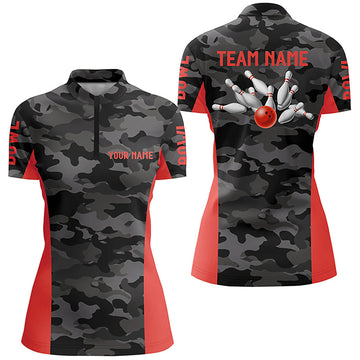 Women's Grey Camo Quarter Zip Bowling Team Jersey N7094