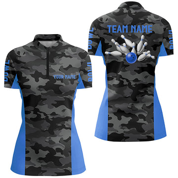 Women's Grey Camo Quarter Zip Bowling Team Jersey N7095