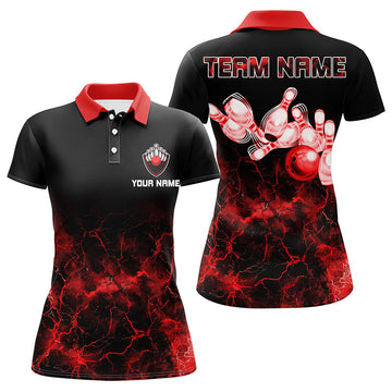Personalised Women's Bowling Polo Shirt - Red Lightning Design N7376