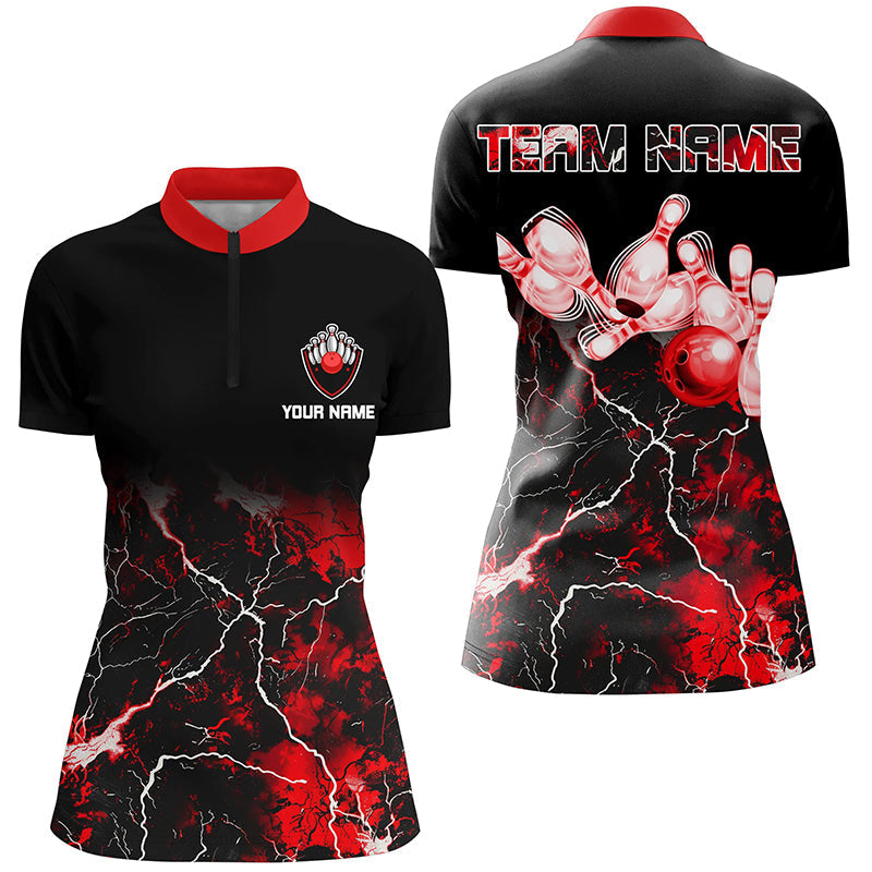 Women's Red Bowling Quarter-Zip Shirt - Lightning Thunder Design N7377