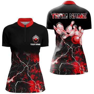 Women's Red Bowling Quarter-Zip Shirt - Lightning Thunder Design N7377