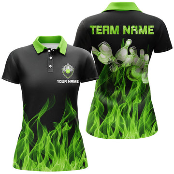 Green Flame Women's Bowling Polo Shirt - Black N6034