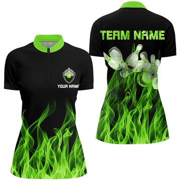 Women's Black Bowling Quarter-Zip Shirt - Green Flame Team Jersey N6034
