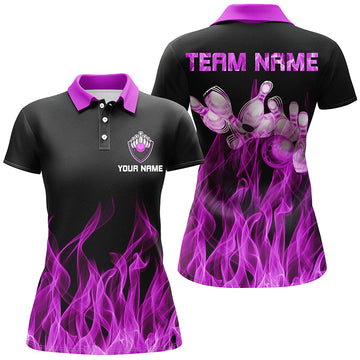 Personalised Women's Black Bowling Polo Shirt with Purple Flame N6035