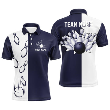 Navy Blue & White Vintage Bowling Polo Shirt for Men N6480