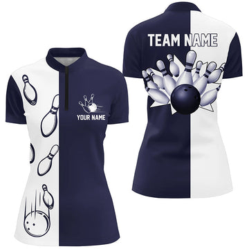 Navy & White Retro Bowling Quarter Zip Shirt for Women N6480