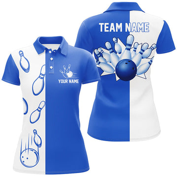 Women's Blue & White Retro Bowling Polo Shirt N6481