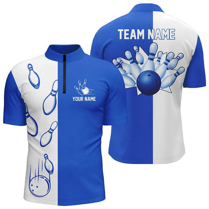 Blue & White Retro Bowling Quarter Zip Shirt for Men N6481