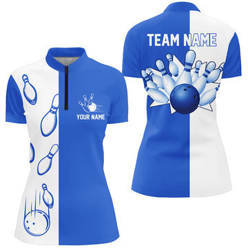 Women's Blue & White Retro Bowling Quarter Zip Shirt N6481