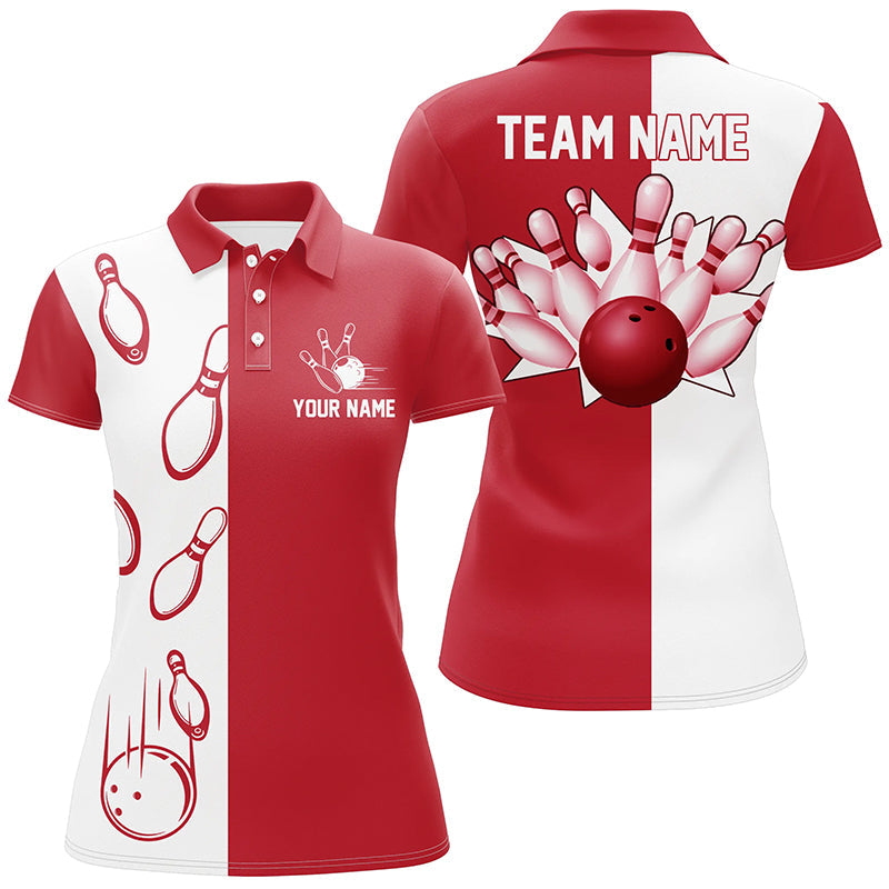 Red & White Vintage Bowling Polo Shirt for Women N6482