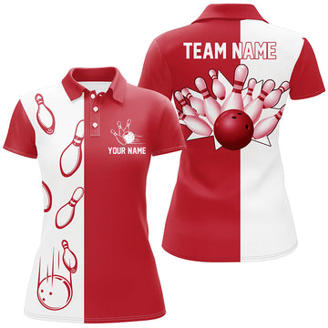 Red & White Vintage Bowling Polo Shirt for Women N6482