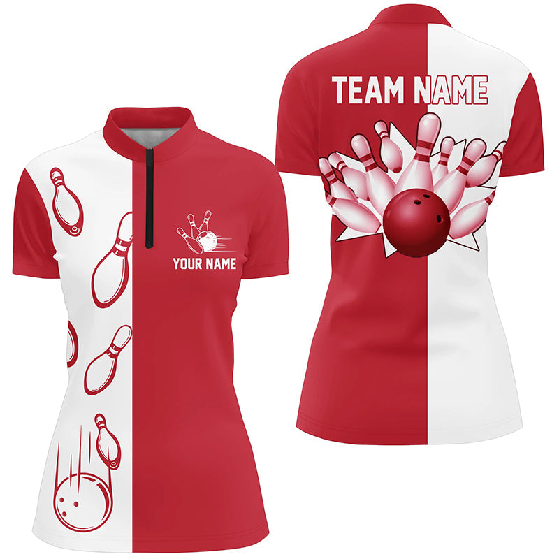 Women's Red & White Retro Bowling Quarter Zip Jersey N6482