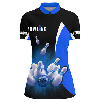 Women's Retro Black & Blue Bowling Quarter Zip Shirt N6935