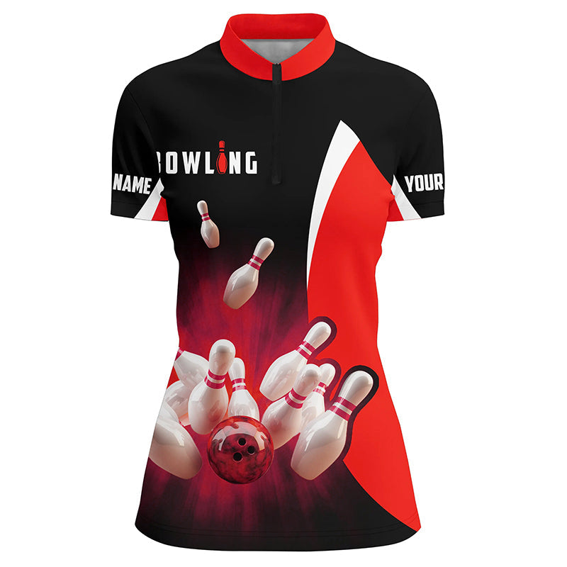 Women's Retro Black and Red Bowling Quarter Zip Shirt N6936