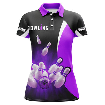 Women's Retro Black & Purple Bowling Polo Shirt N6937