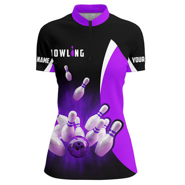 Women's Retro Black & Purple Bowling Quarter Zip Shirt N6937