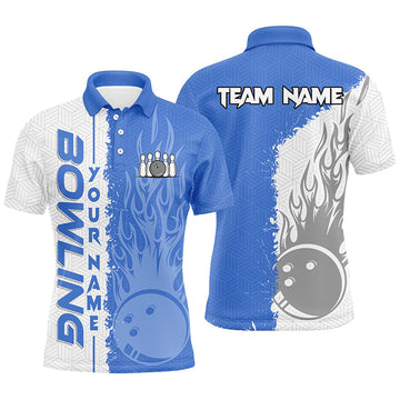 Men's Bowling Polo Shirt - Custom White & Blue Flame Design N7103
