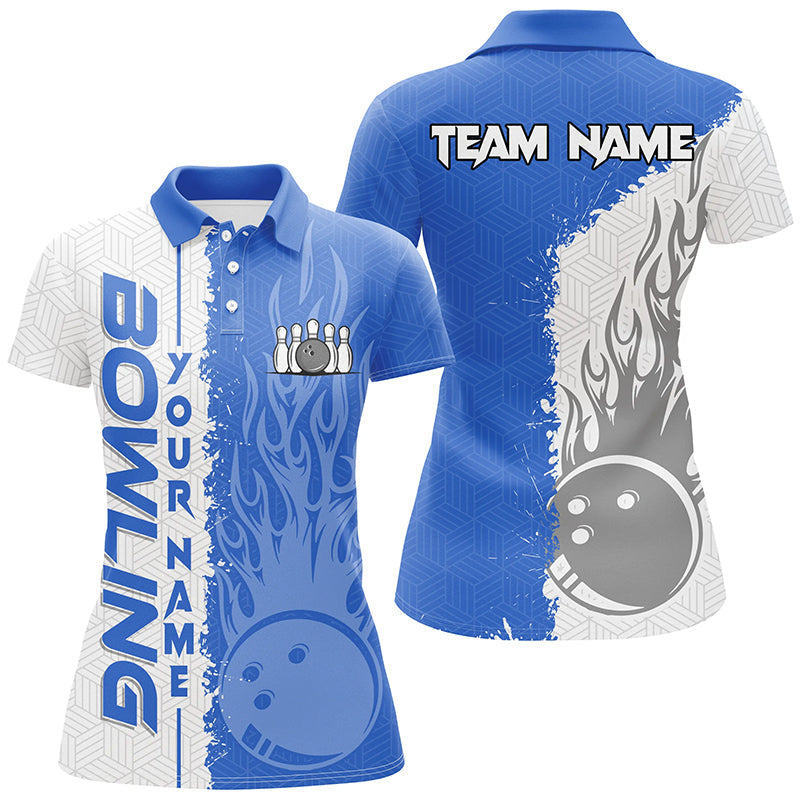 Women's Bowling Polo Shirt - Custom White & Blue Flame Design N7103