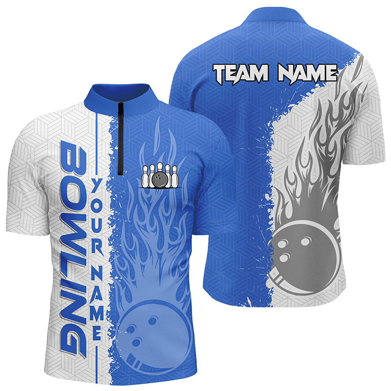 Men's Bowling Quarter Zip Shirt - Custom White & Blue Flame Design N7103