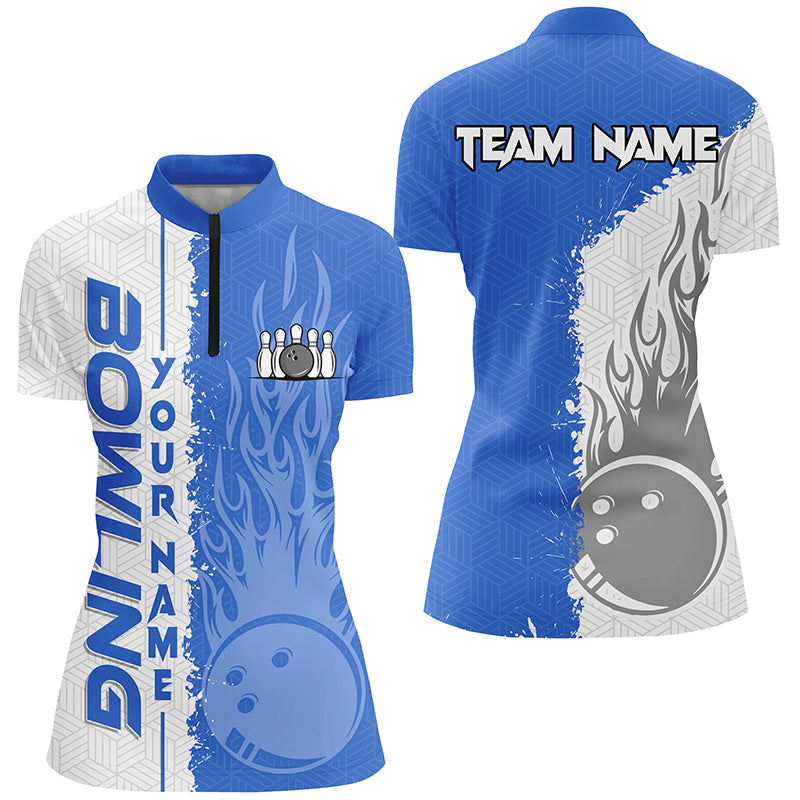 Women's Quarter Zip Bowling Jersey - Custom White & Blue Flame N7103