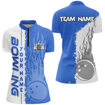 Women's Quarter Zip Bowling Jersey - Custom White & Blue Flame N7103