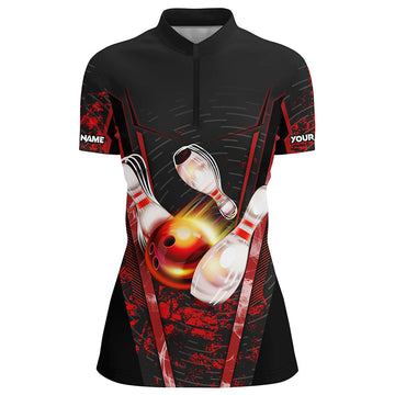Women's Black and Red Quarter Zip Bowling Shirt N7224