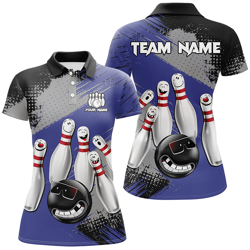 Women's Blue Retro Bowling Polo Shirt, 1/4 Zip N8398
