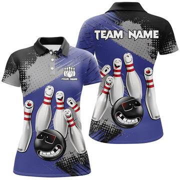 Women's Blue Retro Bowling Polo Shirt, 1/4 Zip N8398