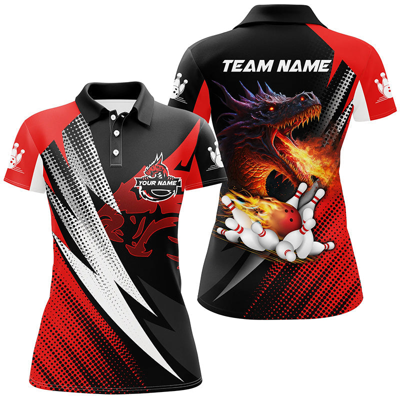 Women's Custom Bowling Polo Shirt - Red & Black Flame Dragon Design N6497