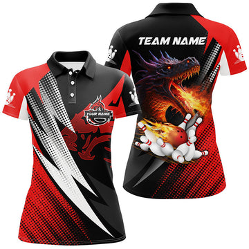 Women's Custom Bowling Polo Shirt - Red & Black Flame Dragon Design N6497