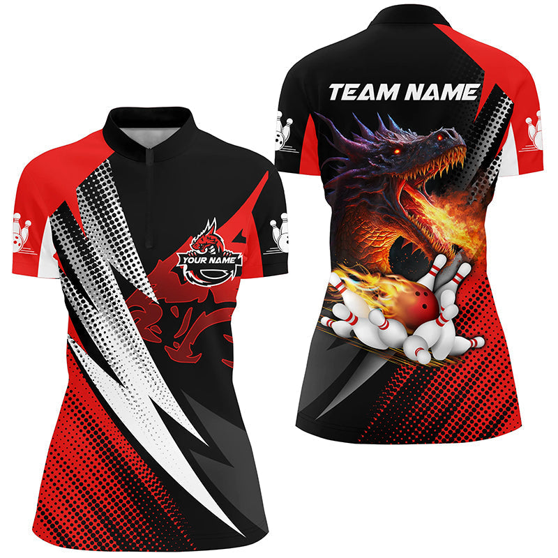 Women's Custom Flame Dragon Bowling Quarter Zip Shirt - Red & Black N6497