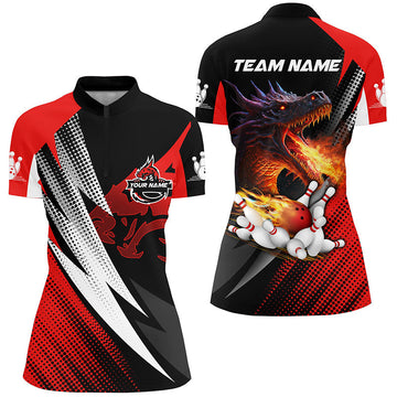 Women's Custom Flame Dragon Bowling Quarter Zip Shirt - Red & Black N6497