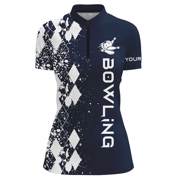 Women's Navy Blue Quarter Zip Bowling Shirt - Custom Personalised Gift N5102