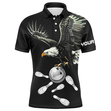 Men's Black and White Bowling Polo Shirt - Custom Eagle Team N7405