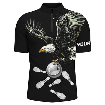 Men's Black & White Bowling Quarter Zip Shirt - Custom Eagle Team N7405