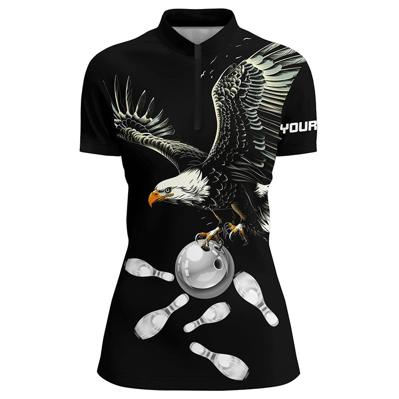 Women's Black & White Bowling Quarter Zip Shirt - Custom Eagle Team N7405