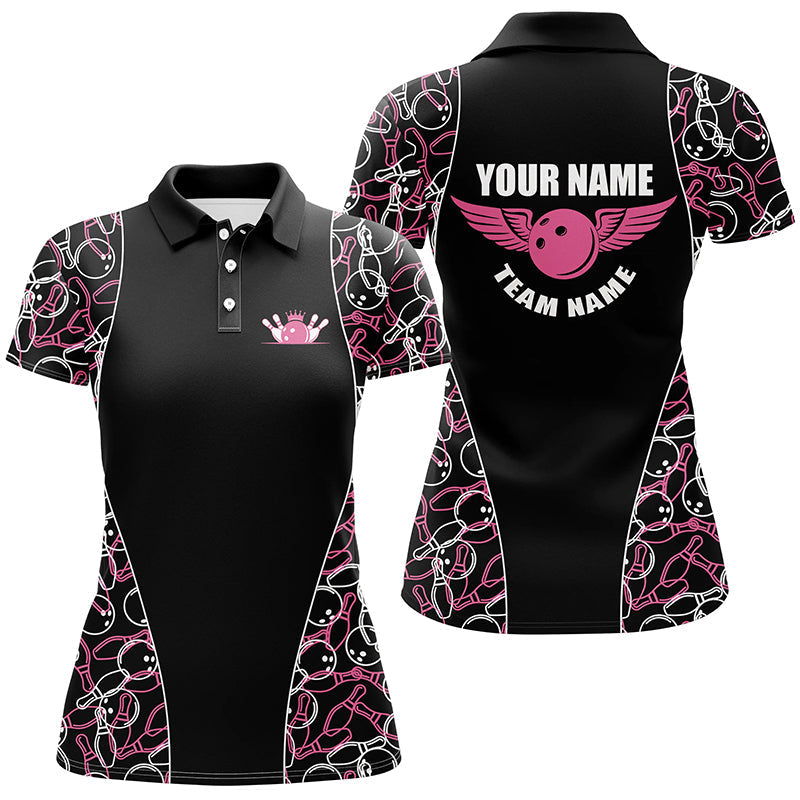 Women's Black & Pink Bowling Polo, Quarter Zip Jersey N7724