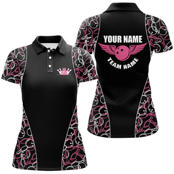 Women's Black & Pink Bowling Polo, Quarter Zip Jersey N7724